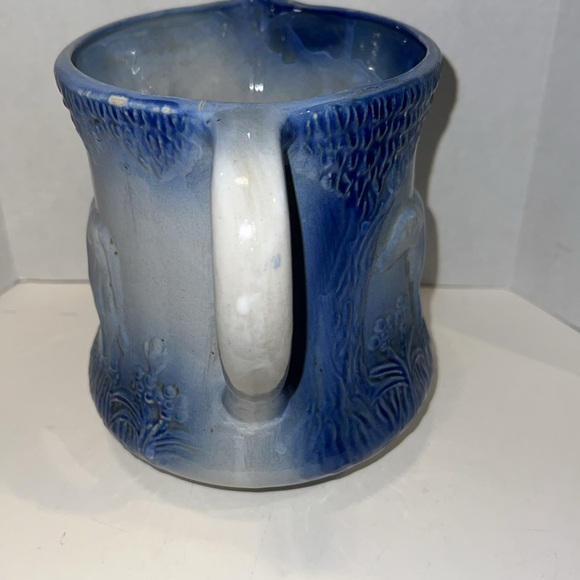 Vintage Blue White Pitcher w 3D Cow Ironstone Stoneware Pottery - Picture 3 of 14